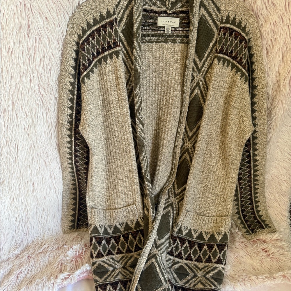 Lucky Brand Tan and Green Cardigan Sweater